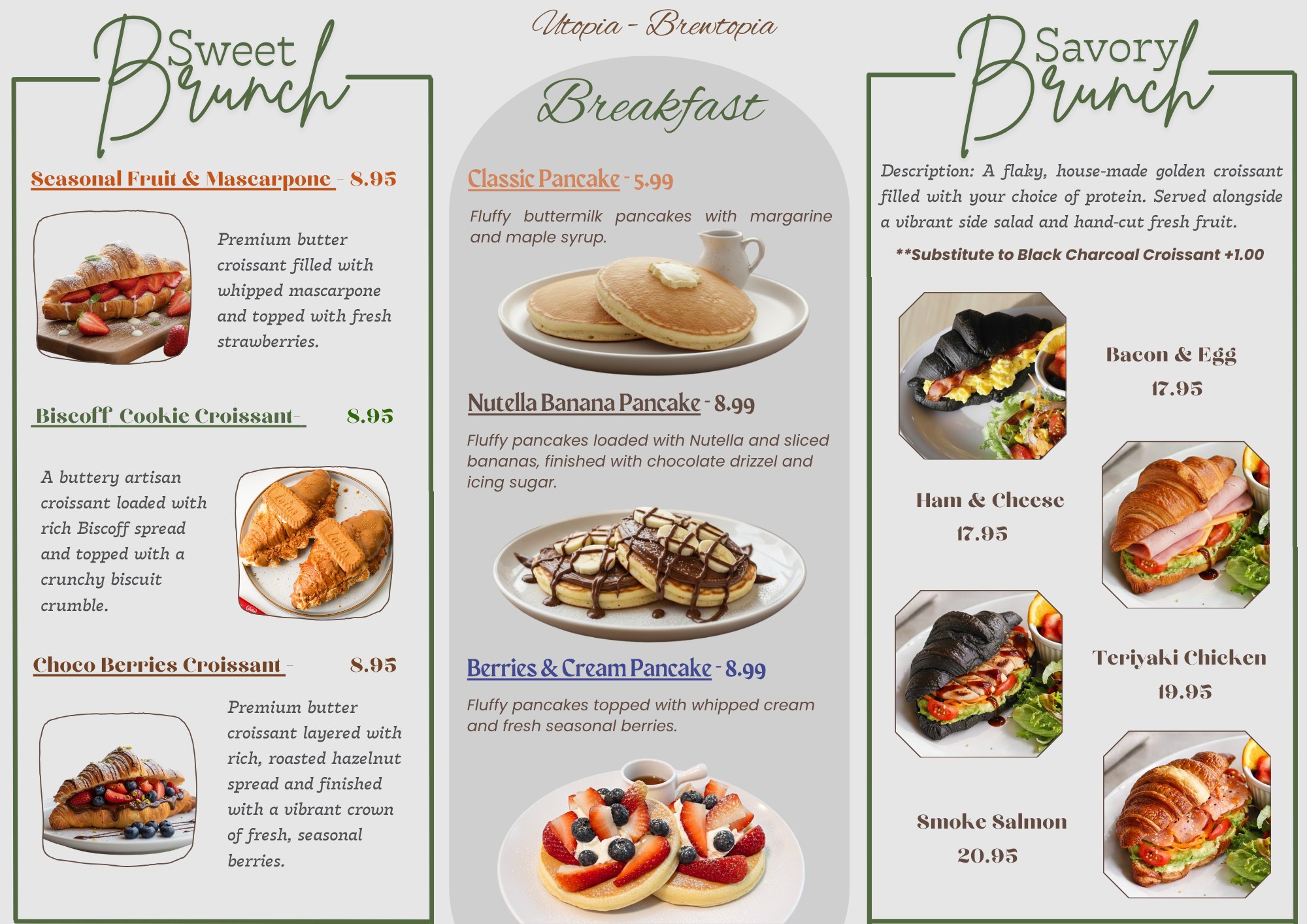 Brunch menu: Sweet Brunch croissants, Breakfast pancakes, and Savoury Brunch croissants, with prices