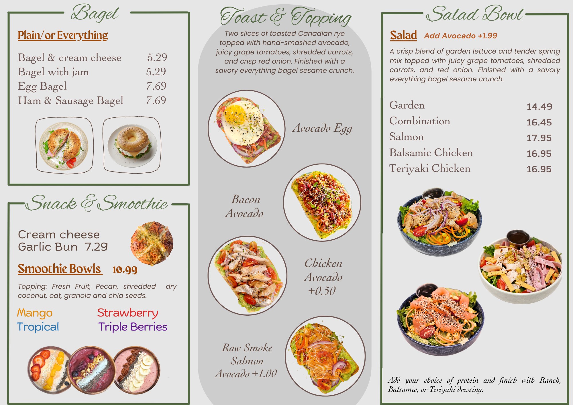 Brunch menu: Bagels, Toast and Topping, Salad Bowls, and Smoothie Bowls, with prices